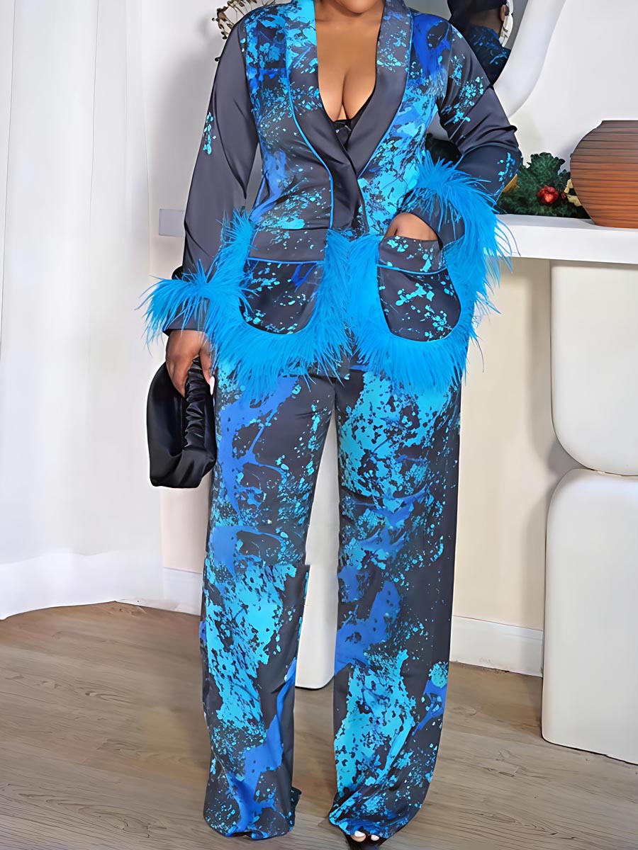 Fashion Feather Decoration Printed Two Pieces Set