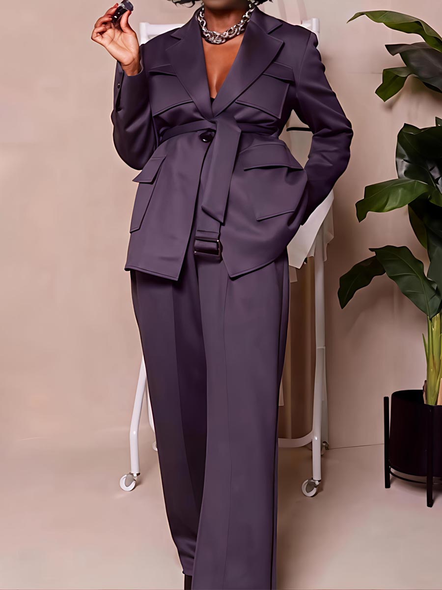 Fashion Pockets Belted Two Pieces Set