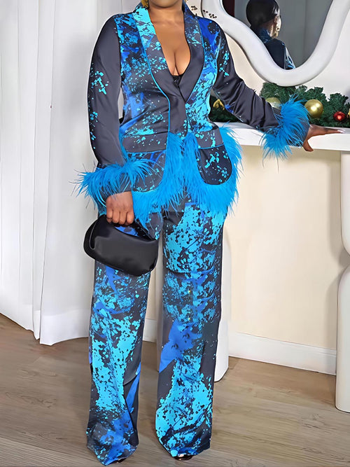 Fashion Feather Decoration Printed Two Pieces Set